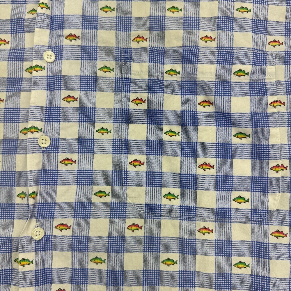 Johnny Cotton Shirt Men M Blue White Plaid Fly Fish Trout Print Button Up VTG - Picture 4 of 7